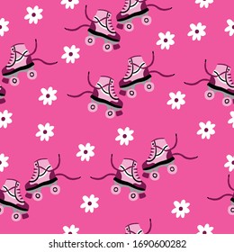 Pink Retro Vintage Roller Skate and daisy Seamless repeat pattern with pink background.