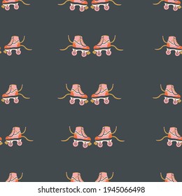 Pink Retro Vintage Roller Skate Seamless repeat pattern with navy blue background.