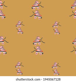 Pink Retro Vintage Roller Skate Seamless repeat pattern with gold background. Stylish vector repeating pattern.