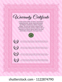 Pink Retro vintage Warranty Certificate. With great quality guilloche pattern. Artistry design. Vector illustration. 