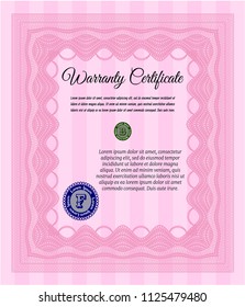 Pink Retro vintage Warranty Certificate. Printer friendly. Nice design. Vector illustration. 