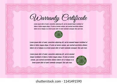 Pink Retro vintage Warranty Certificate. Excellent design. With quality background. Vector illustration. 