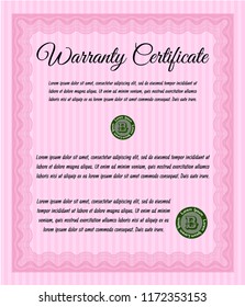 Pink Retro vintage Warranty Certificate. Elegant design. Printer friendly. Detailed. 