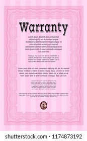 Pink Retro vintage Warranty Certificate. Good design. Vector illustration. Printer friendly. 