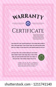 Pink Retro vintage Warranty Certificate. Sophisticated design. With background. Detailed. 