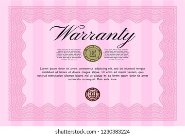 Pink Retro vintage Warranty Certificate. Good design. Vector illustration. With complex linear background. 
