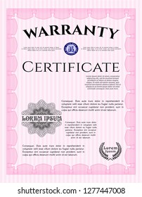 Pink Retro vintage Warranty Certificate. Detailed. With complex linear background. Beauty design. 
