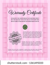 Pink Retro vintage Warranty Certificate. With guilloche pattern. Detailed. Nice design. 