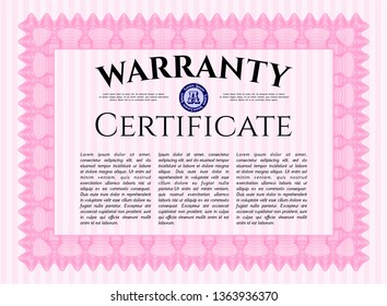 Pink Retro vintage Warranty Certificate. Money Pattern. Vector illustration. Printer friendly. 
