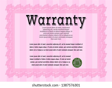 Pink Retro vintage Warranty Certificate. Nice design. Complex background. Detailed. 