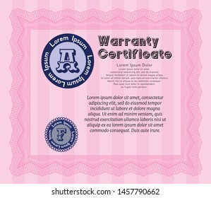 Pink Retro vintage Warranty Certificate. Nice design. With complex linear background. Vector illustration. 