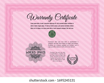 Pink Retro vintage Warranty Certificate. Retro design. With great quality guilloche pattern. Customizable, Easy to edit and change colors. 