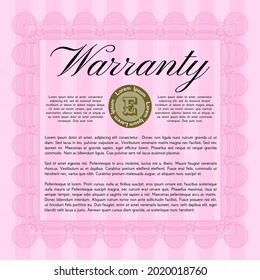 Pink Retro vintage Warranty Certificate template. Lovely design.   Vector illustration. 