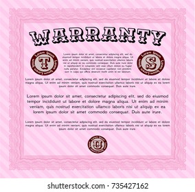 Pink Retro vintage Warranty Certificate. Printer friendly. Detailed. Superior design. 