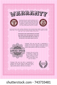 Pink Retro vintage Warranty Certificate. Sophisticated design. With great quality guilloche pattern. Detailed. 