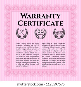 Pink Retro Warranty Certificate template. Vector illustration. With guilloche pattern and background. Good design. 
