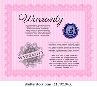Pink Retro Warranty Certificate template. With complex background. Customizable, Easy to edit and change colors. Money Pattern design. 