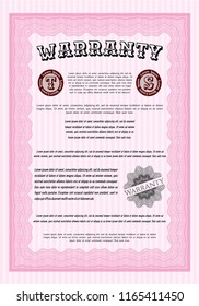 Pink Retro Warranty Certificate template. Printer friendly. Detailed. Money Pattern. 