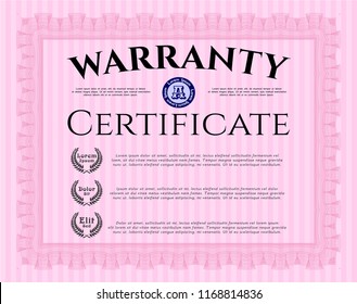 Pink Retro Warranty Certificate template. Vector illustration. With linear background. Nice design. 