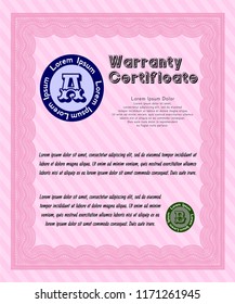Pink Retro Warranty Certificate template. Artistry design. Detailed. With linear background. 