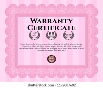 Pink Retro Warranty Certificate template. Vector illustration. With guilloche pattern. Money Pattern design. 