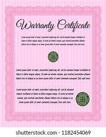 Pink Retro Warranty Certificate template. Vector illustration. With linear background. Money style design. 