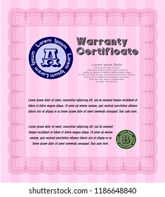 Pink Retro Warranty Certificate template. With guilloche pattern and background. Vector illustration. Artistry design. 