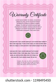 Pink Retro Warranty Certificate template. Vector illustration. With guilloche pattern and background. Nice design. 