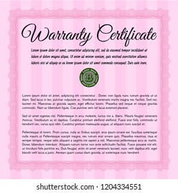 Pink Retro Warranty Certificate template. Detailed. With guilloche pattern and background. Good design. 