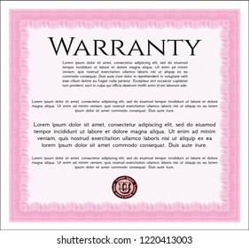 Pink Retro Warranty Certificate template. Money style design. Customizable, Easy to edit and change colors. With guilloche pattern. 