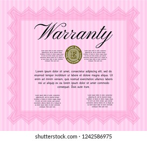 Pink Retro Warranty Certificate template. With complex linear background. Detailed. Beauty design. 