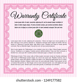 Pink Retro Warranty Certificate template. Easy to print. Vector illustration. Sophisticated design. 
