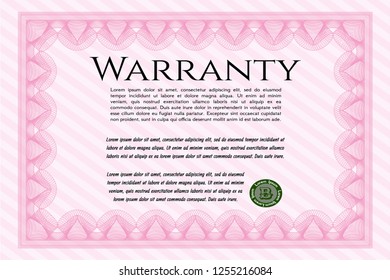 Pink Retro Warranty Certificate template. Money style design. With guilloche pattern. Customizable, Easy to edit and change colors. 