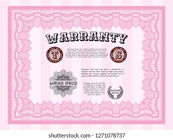 Pink Retro Warranty Certificate template. With guilloche pattern and background. Customizable, Easy to edit and change colors. Lovely design. 