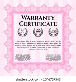 Pink Retro Warranty Certificate template. Printer friendly. Beauty design. Vector illustration. 