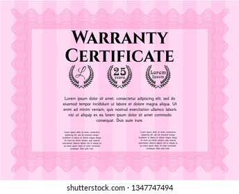 Pink Retro Warranty Certificate template. Cordial design. Vector illustration. With great quality guilloche pattern. 