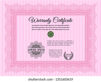 Pink Retro Warranty Certificate template. Lovely design. With quality background. Vector illustration. 