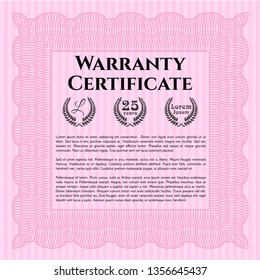 Pink Retro Warranty Certificate template. Money Pattern. Detailed. With guilloche pattern. 