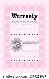 Pink Retro Warranty Certificate template. Artistry design. Detailed. With complex background. 