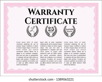 Pink Retro Warranty Certificate template. Money Pattern design. With guilloche pattern and background. Customizable, Easy to edit and change colors. 