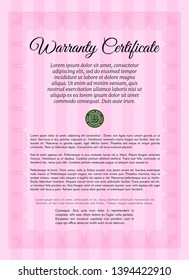 Pink Retro Warranty Certificate template. Money style design. Vector illustration. Complex background. 