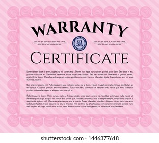 Pink Retro Warranty Certificate template. Lovely design. Complex background. Vector illustration. 