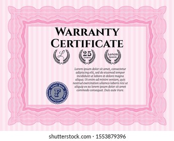 Pink Retro Warranty Certificate template. With guilloche pattern and background. Money Pattern. Detailed. 