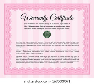 Pink Retro Warranty Certificate template. Customizable, Easy to edit and change colors. Complex background. Money design. 