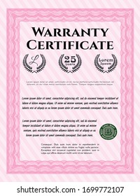 Pink Retro Warranty Certificate template. With complex background. Detailed. Money Pattern design. 