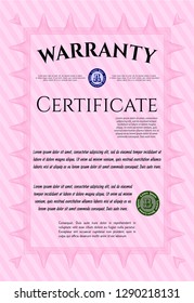 Pink Retro Warranty template. Complex background. Vector illustration. Cordial design. 