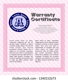 Pink Retro Warranty template. Complex background. Detailed. Lovely design. 