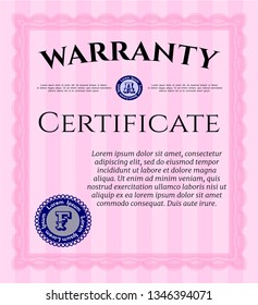 Pink Retro Warranty template. With complex linear background. Money Pattern. Detailed. 