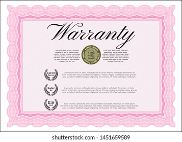 Pink Retro Warranty template. With complex linear background. Vector illustration. Elegant design. 