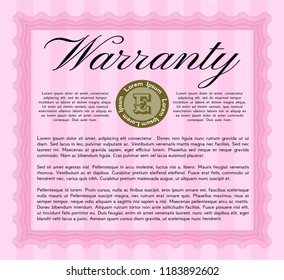 Pink Retro Warranty template. With great quality guilloche pattern. Vector illustration. Perfect design. 